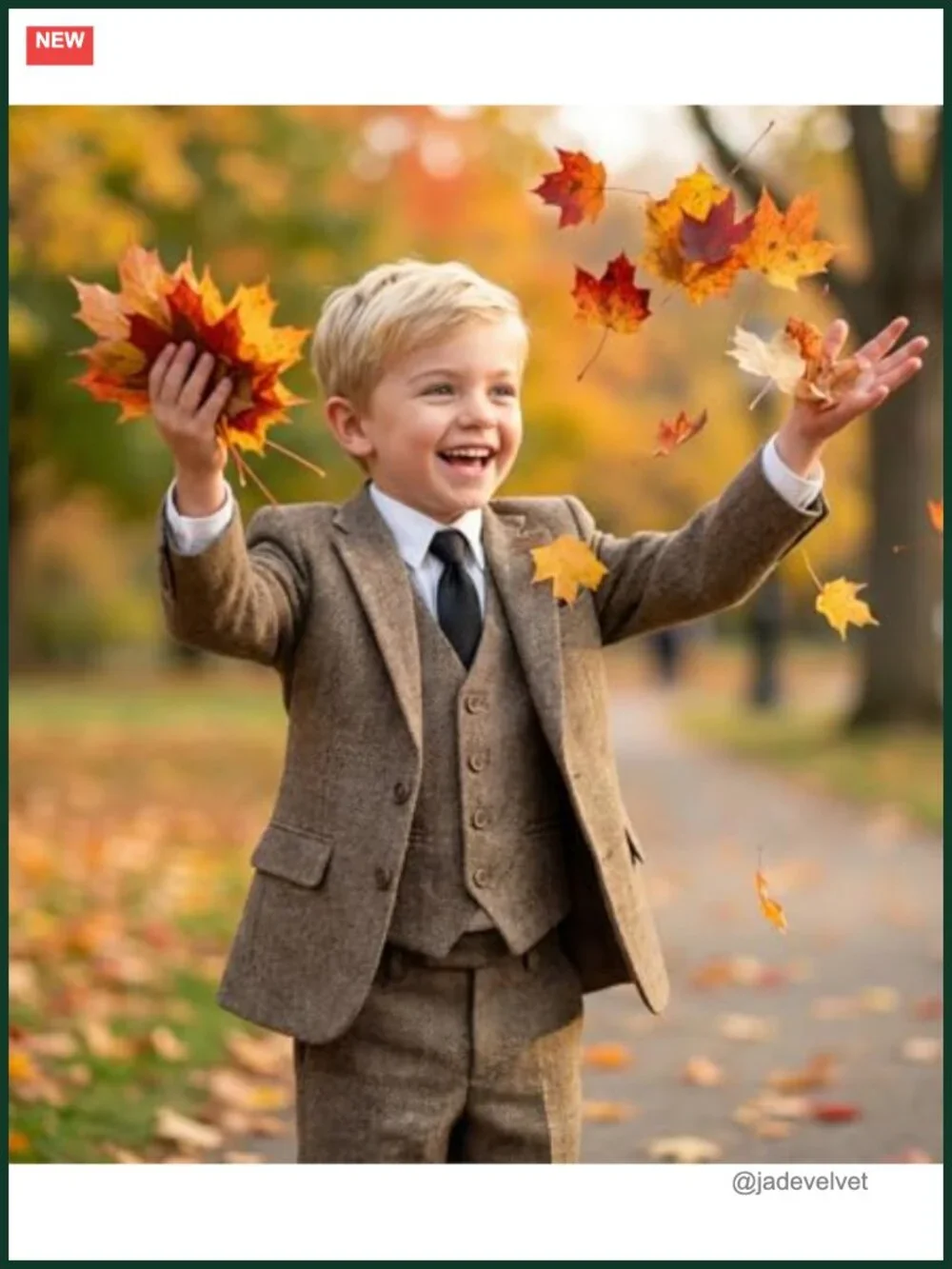 5-Piece Tweed Herringbone Suit Set for Boys - Jacket, Vest, Pants, Shirt, Tie